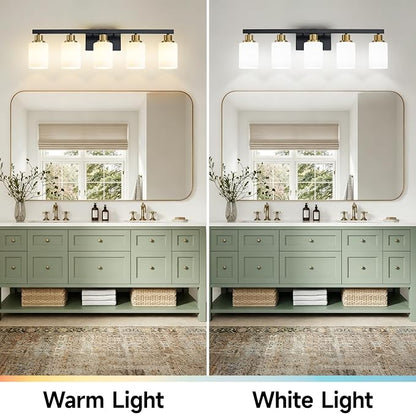 Bathroom Vanity Light, 5-Light Vanity Lighting Black and Gold,30" | Black and Gold Wall Light Fixture,Bathroom Light Fixtures with Frosted Glass Shade for Mirror Bedroom Restroom Sink