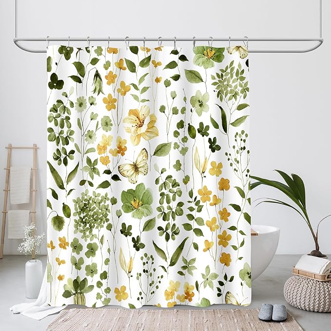 Extra Long Shower Curtain 72 x 84 Inch, Tall Olive Green Floral Shower Curtains for Bathroom, Watercolor Flower Butterfly Fabric Shower Curtain Set with Hooks