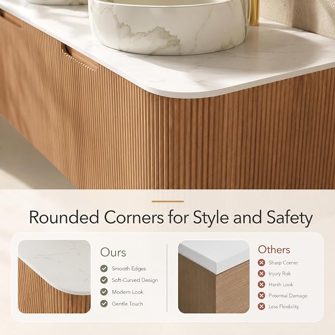 60 Inch Double Sink Bathroom Vanity, Floating Wall Mounted Cabinet, Natural Woodgrain Curved Fluted Front, Stone Top, Dual Marble-Look Round Vessel Basins, Pre-Assembled