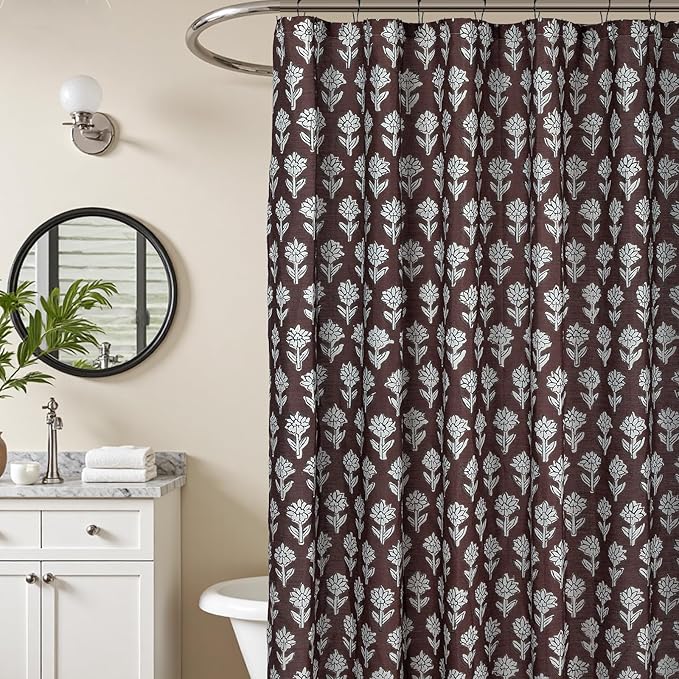 MUGINYU Brown Floral Shower Curtain Vintage Block Print - 72x72 Inches,Cotton Blend Cloth Fabric,Neutral Farmhouse Decorative French Country Bathroom Decor, Cottagecore Aesthetic Pattern