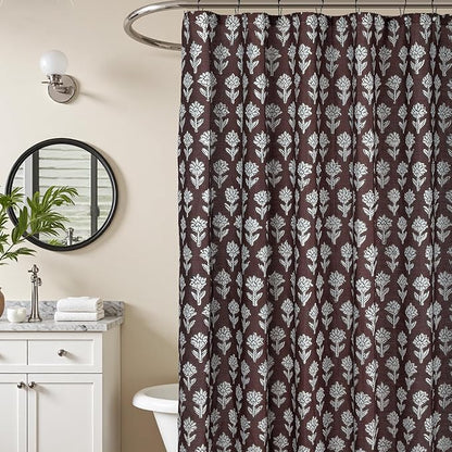 MUGINYU Brown Floral Shower Curtain Vintage Block Print - 72x72 Inches,Cotton Blend Cloth Fabric,Neutral Farmhouse Decorative French Country Bathroom Decor, Cottagecore Aesthetic Pattern