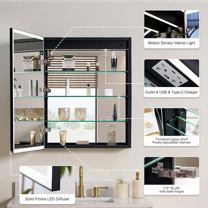 24" X 30" LED Mirrored Medicine Cabinet, Medicine Cabinets with Lights for Bathroom, Defogging Function Mirror Cabinet, Bathroom Medicine Cabinet with USB Port & Outlet, Left Opening Doors