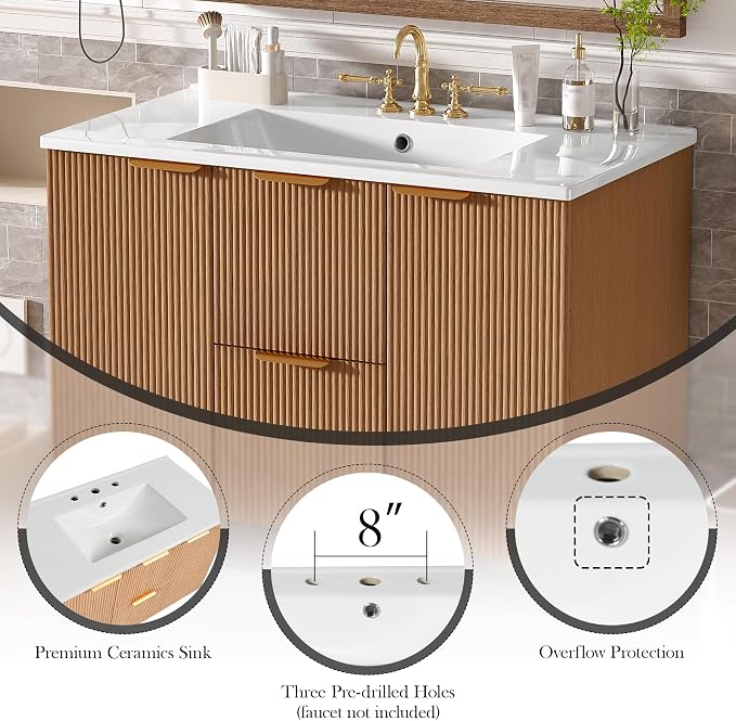 36" Wall Mounted Bathroom Vanity with Ceramic Sink, Modern Floating Bathroom Cabinet with Soft Close Doors & Divided Drawers, MDF Wood Vanity Set for Small Bathroom, Natural Oak