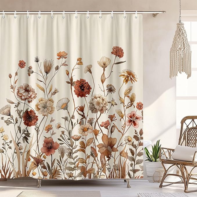 Vintage Boho Beige Floral Shower Curtain, Brown Cream Tan Rustic Farmhouse Flower Shower Curtain Set, Cute Botanical Wlidflowers Fabric Shower Curtains Decoration, 72X72 Aesthetic Bathroom Accessories
