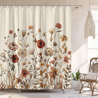 Vintage Boho Beige Floral Shower Curtain, Brown Cream Tan Rustic Farmhouse Flower Shower Curtain Set, Cute Botanical Wlidflowers Fabric Shower Curtains Decoration, 72X72 Aesthetic Bathroom Accessories