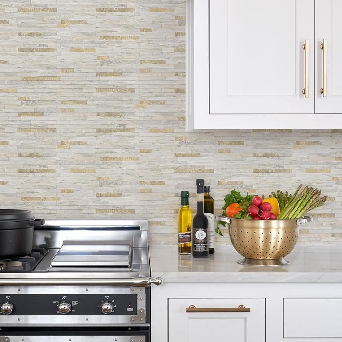 STICKGOO 20 Sheets Peel and Stick Backsplash Tile, Stick on Backsplash for Kitchen and Bathroom, Sunny Beige Look PVC Mixed Metal Gold Self Adhesive Wall Tiles