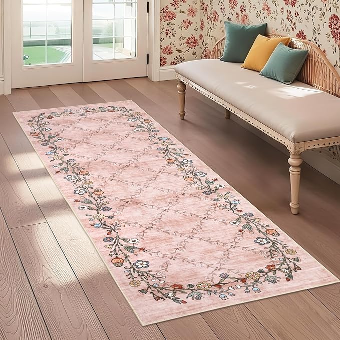 2x6 Modern Floral Area Rug Washable Runner Rug for Hallway Non Slip Low-Pile Stain Resistant Soft Non-Shedding Bathroom Rugs for Nursery Office Dining Room Entryway，Pink