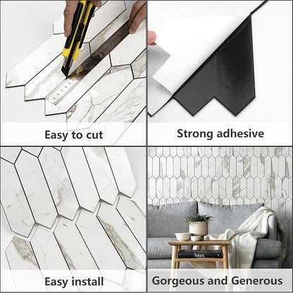Vamos Tile Glossy Carrara White Backsplash Tile Peel and Stick, 12.8 x 12.8 Inch 10 Sheets Long Hexagon PVC Self Adhesive Mosaic Wall Tiles Stick on Backsplash for Kitchen and Bathroom
