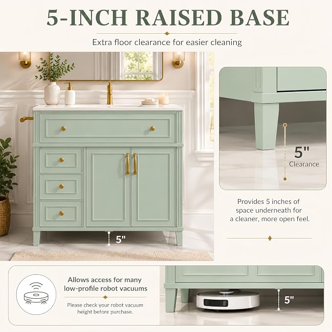 36" Bathroom Vanity with Sink, Freestanding Bathroom Cabinet | Ceramic Top & Backsplash, 3 Storage Drawers, 1 Tilt-Out Storage, Adjustable Shelving, Door Storage and Towel Bar, Sage Green