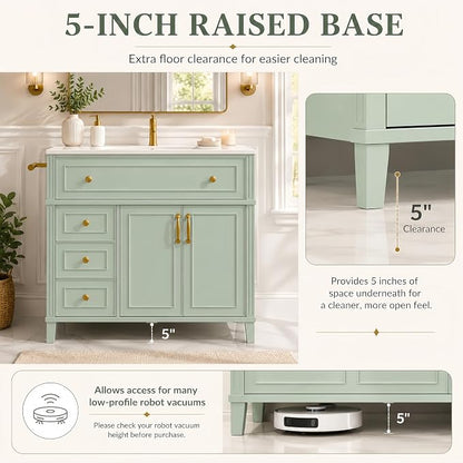 36" Bathroom Vanity with Sink, Freestanding Bathroom Cabinet | Ceramic Top & Backsplash, 3 Storage Drawers, 1 Tilt-Out Storage, Adjustable Shelving, Door Storage and Towel Bar, Sage Green