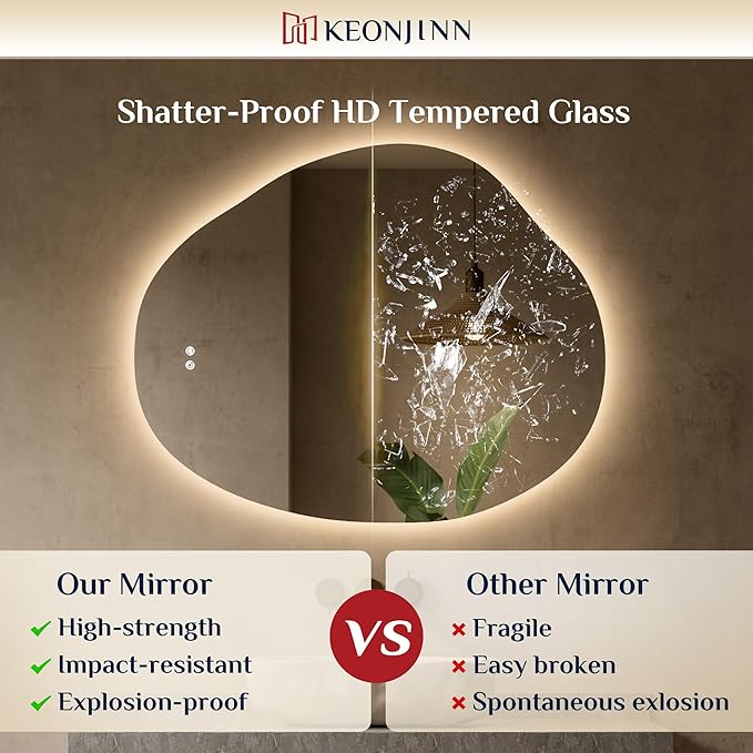 Keonjinn Asymmetrical Backlit Mirror 30x36 Inch, Irregular LED Bathroom Mirror, Lighted Bathroom Mirror with 3 Colors, Stepless Dimmable, Anti-Fog, Frameless Lighted Vanity Mirror(Horizontal/Vertical)