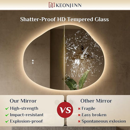 Keonjinn Asymmetrical Backlit Mirror 30x36 Inch, Irregular LED Bathroom Mirror, Lighted Bathroom Mirror with 3 Colors, Stepless Dimmable, Anti-Fog, Frameless Lighted Vanity Mirror(Horizontal/Vertical)