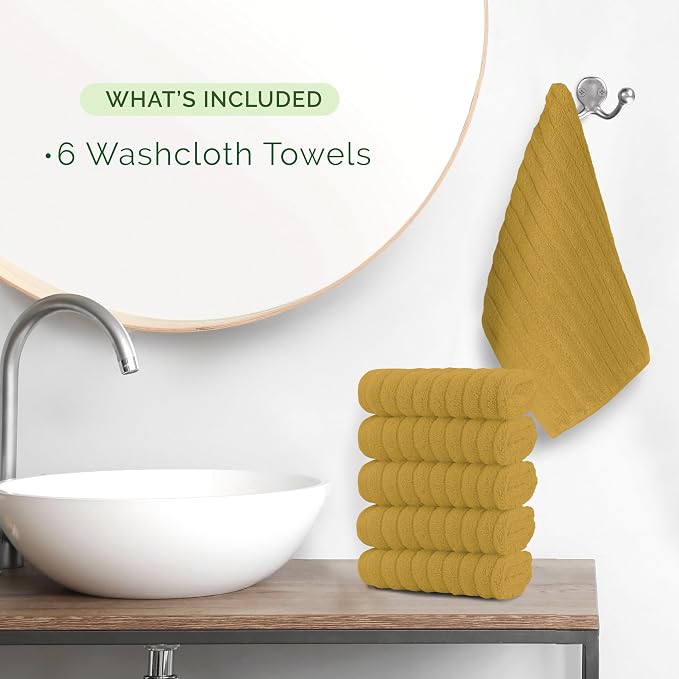 Elegant Comfort 100% Turkish Cotton Corduroy Ribbed Luxury Washcloths 6 Pack Soft 13 x 13 Inch - Higly Absorbent, Durable, Quick Dry, Spa Premium Hotel Quality for Bathroom or Travel, Gold