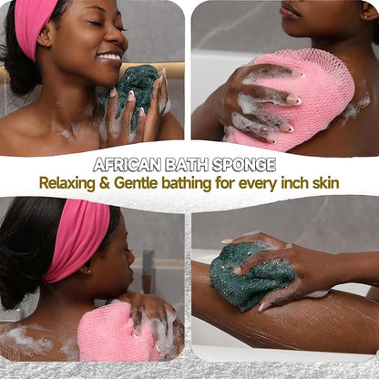 Authentic African Net Sponge, 2 Pack 45-Inch Exfoliating Bath Sponge and Shower Loofah for Body and Back, Colorfast Quick-Dry Knotted Mesh Scrubber with Travel Pouch (Ligh Pink & Teal)