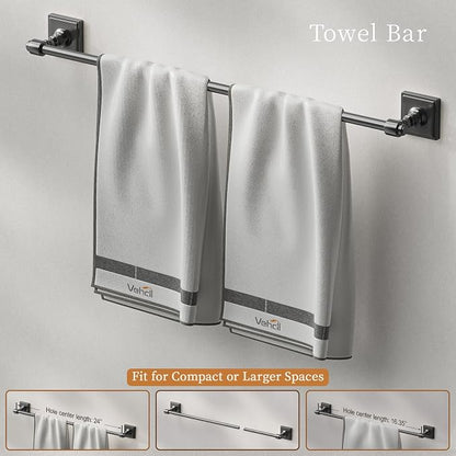 VEHCIL Matte Black Bathroom Towel Bar Set, 5 Piece Bathroom Hardware Accessory Set, SUS304 Stainless Steel 24" Towel Rack Holder Set for Bathroom, Wall Mounted