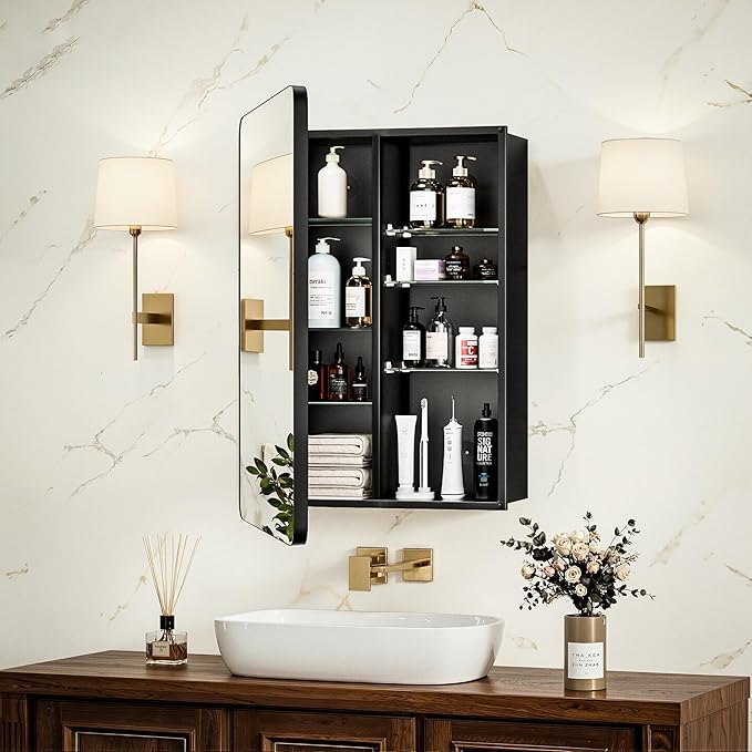 16x24 Medicine Cabinet with Mirror, Aluminum Bathroom Wall Organizer, Pre-Assembled, Center Partition for Tall Bottles, 6 Adjustable Shelves, Soft-Close, Recessed/Surface Mount, Matte Black
