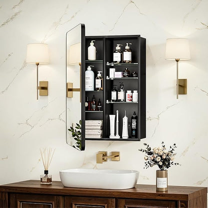 16x24 Medicine Cabinet with Mirror, Aluminum Bathroom Wall Organizer, Pre-Assembled, Center Partition for Tall Bottles, 6 Adjustable Shelves, Soft-Close, Recessed/Surface Mount, Matte Black
