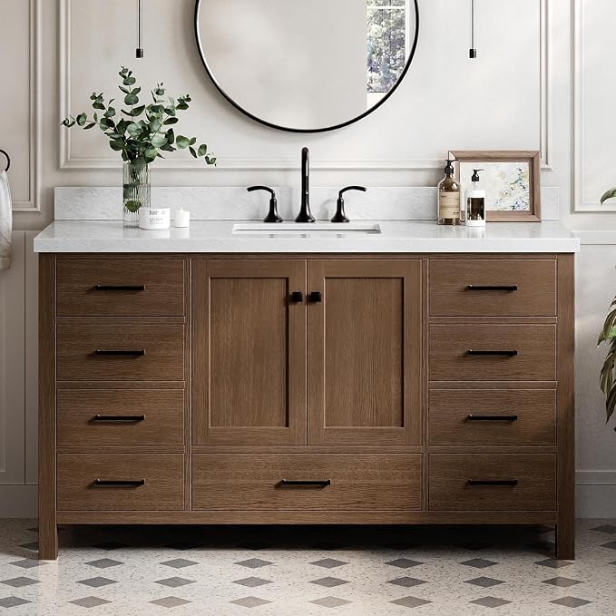 ARIEL Cambridge 60-inch Bathroom Vanity with Sink,Solid Wood, 1.5-inch Italian Carrara Marble Countertop, Single Rectangular Porcelain Sink, 2 Soft Closing Doors, 9 Dovetail Drawers, Brown Oak