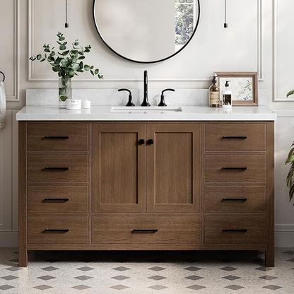 ARIEL Cambridge 60-inch Bathroom Vanity with Sink,Solid Wood, 1.5-inch Italian Carrara Marble Countertop, Single Rectangular Porcelain Sink, 2 Soft Closing Doors, 9 Dovetail Drawers, Brown Oak