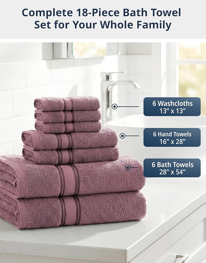 LANE LINEN Towel Set 18 Piece Soft Absorbent Quick Dry - Wishful Mauve | Cotton Bath Towel Set - Terry Weave Comfort, Long-Lasting Comfort, Hotel-Style Look, Gets Softer With Every Wash