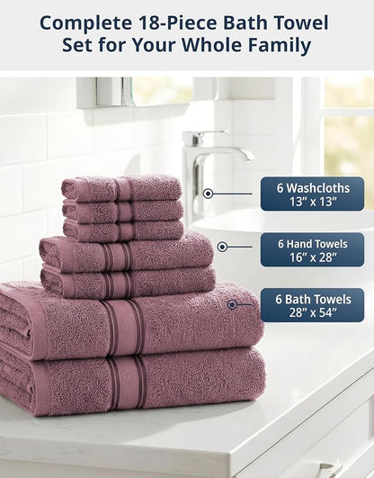 LANE LINEN Towel Set 18 Piece Soft Absorbent Quick Dry - Wishful Mauve | Cotton Bath Towel Set - Terry Weave Comfort, Long-Lasting Comfort, Hotel-Style Look, Gets Softer With Every Wash