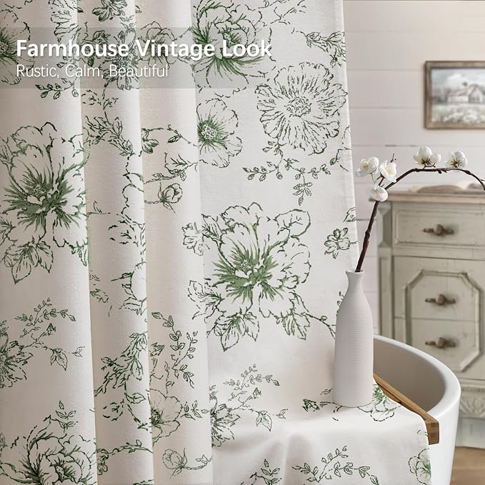 Farmhouse Floral Cotton Shower Curtain, Vintage Green Pattern Rustic Shower Curtains for Bathroom, 72x72