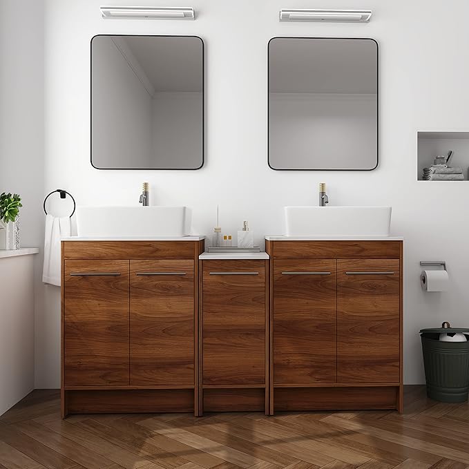 60" Bathroom Vanity, 60 Inch Freestanding Vanity with Ceramic Vessel Sink, Double Sink Bathroom Vanity Combo, Brown Modern Floor Standing Cabinet Set (BRE110, 60 * 18)