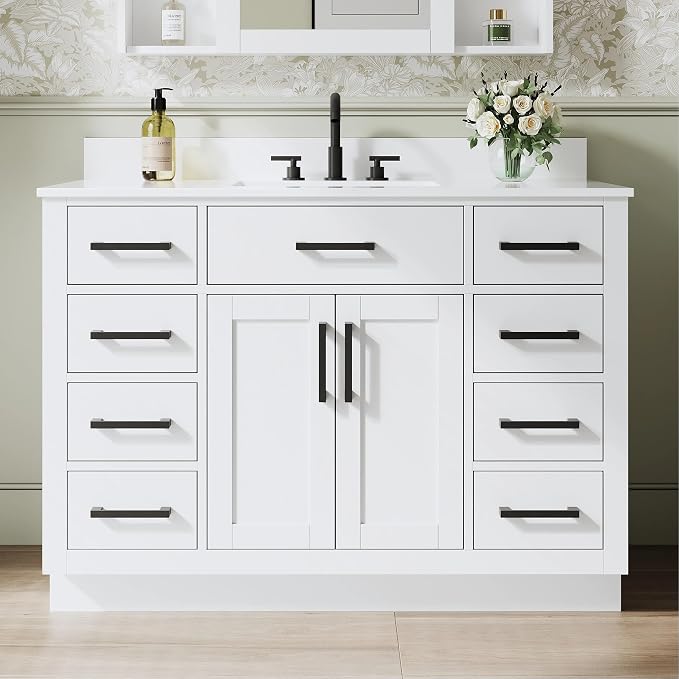 48-Inch Bathroom Vanity with Sink W/ 2 Doors & 8 Drawers & 1 Flip Drawer, White Vanity W/Matte Black Handles