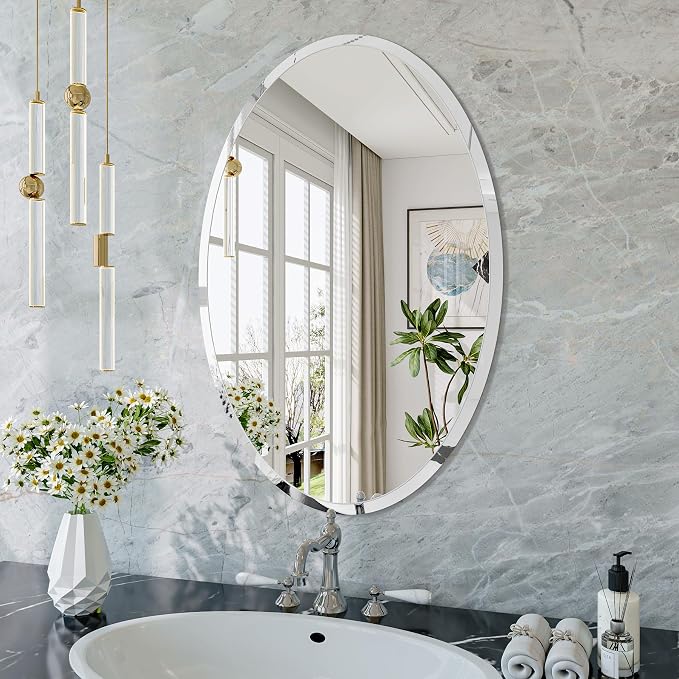 Frameless Oval Mirror, 16"x24" Oval Beveled Bathroom Mirrors | Frameless, 15mm beveled edge, 5mm HD glass, anti-rust, french cleat, horizontally or vertically, for bathroom/bedroom