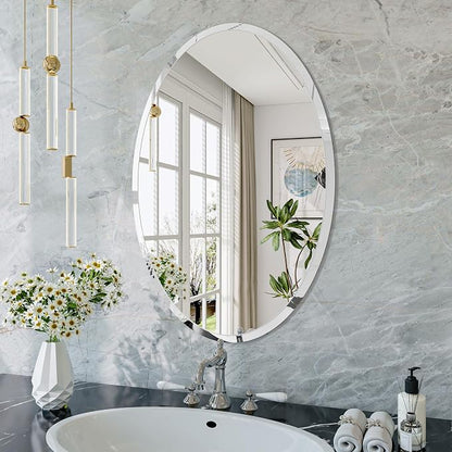 Frameless Oval Mirror, 16"x24" Oval Beveled Bathroom Mirrors | Frameless, 15mm beveled edge, 5mm HD glass, anti-rust, french cleat, horizontally or vertically, for bathroom/bedroom