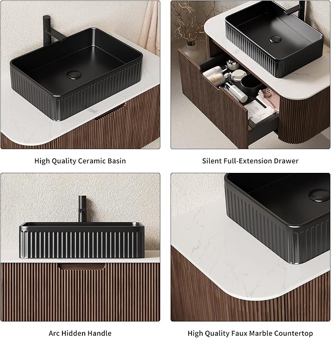 Yayzy 30" Floating Bathroom Vanity with Sink, Solid Wood Fluted Cabinet, Black Fluted Square Ceramic Basin & Faux Marble Top, Soft-Close Drawer, Pre-Assembled, Walnut Woodgrain