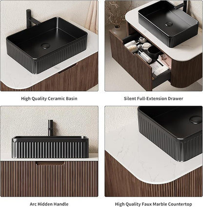 Yayzy 36" Floating Bathroom Vanity with Sink, Solid Wood Fluted Cabinet, Black Fluted Square Ceramic Basin & Faux Marble Top, Soft-Close Drawer, Pre-Assembled, Walnut Woodgrain