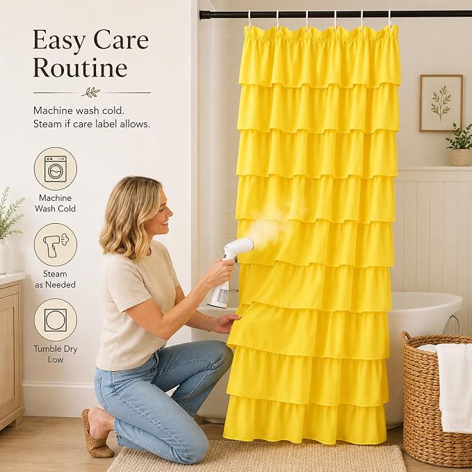 Yellow Shower Curtains for Bathroom, 36x72 Inch, Cascading Tiered Ruffles | Soft Ruffled Edge Detailing, 36 x 72, Delicate Ruched Microfiber Texture, 12 Hooks Included, Machine Washable, Bathroom Focal