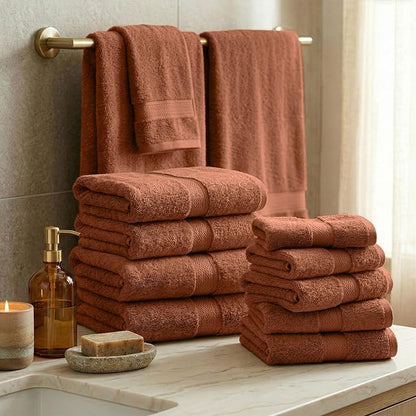 SUPERIOR Egyptian Cotton Ultra Plush & Absorbent, 12 Piece Set, Rust | Heavyweight 12 Pc Egyptian Cotton Towel Set Includes 4 Bath Towels 4 Hand Towels 4 Washcloths Decorative Rope Border