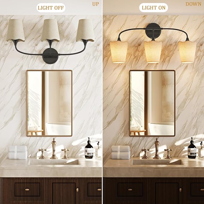 Morauroral Bathroom Light Fixtures Over Mirror, 3 Light Vanity Light for Bathroom, Black Vanity Light Fixtures with Fabric Linen Shade, E26 Socket Sconce Wall Decor(ETL Listed)