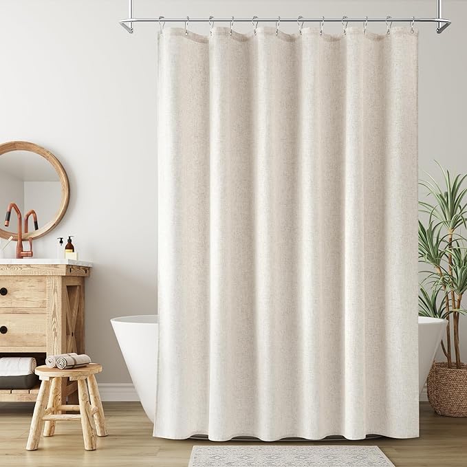 Extra Long Linen Shower Curtain for Bathroom 92 Inch Cream Beige | Extra Tall Floor to Ceiling Bath Curtains Set with Hooks, Neutral Boho Farmhouse, Natural Ivory Shower Decor, 1 Panel, 72x92