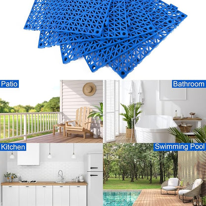 Modular Interlocking Cushion 12 Pack 11.8" x 11.8" Rubber Floor Tiles Non-Slip Splicing Drainage Mats for Deck, Pool, Outdoor Shower, Patio, Balcony, Indoor Bathroom, Kitchen, Yard (Blue)