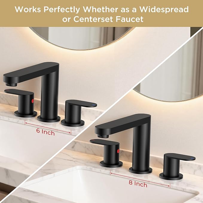 QFN Bathroom Faucet 3 Hole 8 Inch Widespread Vanity Sink Faucet Matte Black | 304 Stainless Steel Bathroom Sink Faucet with Pop-up Drain, 6-12 Inch 3 Hole Install, for RV Laundry Farmhouse Restroom Sink