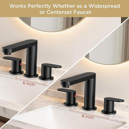QFN Bathroom Faucet 3 Hole 8 Inch Widespread Vanity Sink Faucet Matte Black | 304 Stainless Steel Bathroom Sink Faucet with Pop-up Drain, 6-12 Inch 3 Hole Install, for RV Laundry Farmhouse Restroom Sink
