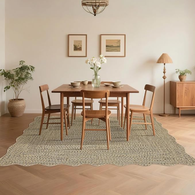 Imitation Braided Collection-Print Large Washable Rug 9x12 Non-Slip Area Rugs for Living Room, Natural Bordered Carpet, Stain Resistant Thin Foldable Floor Cover for Nursery Dining Room