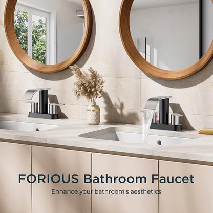 FORIOUS Bathroom Faucet 4 Inch Centerset 2 Hole Black and Brushed Nickel | Waterfall Bathroom Sink Faucet 2 Handles with Pop up Drain and cUPC Hose, Lead-Free, Suitable for RV Vanity Lavatory Restroom