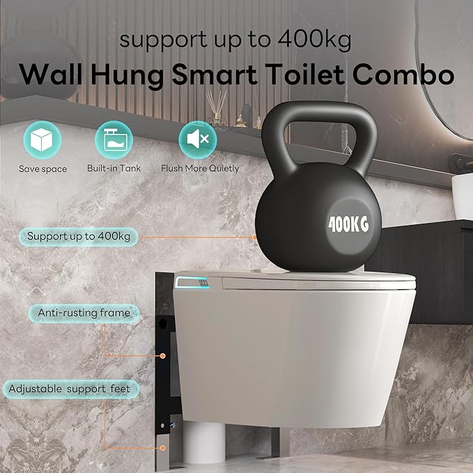 Smart Wall Hung Toilet Combo,Auto Flush, Auto Open/Close LId,Heated Seat,Warm Water/Dryer, Modern Elongated Bidet Toilet with In wall Carrier (No need to buy an additional Water Tank)