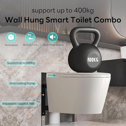Smart Wall Hung Toilet Combo,Auto Flush, Auto Open/Close LId,Heated Seat,Warm Water/Dryer, Modern Elongated Bidet Toilet with In wall Carrier (No need to buy an additional Water Tank)