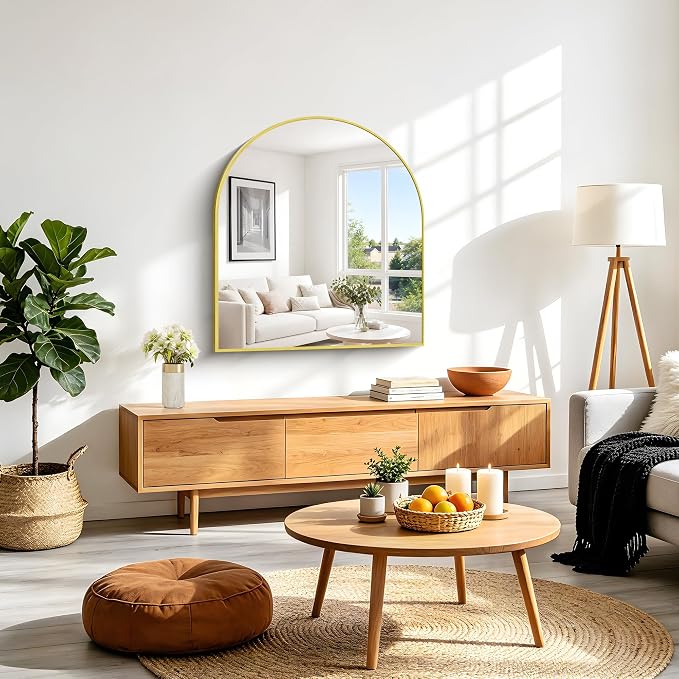 Arched Bathroom Mirror 36x40 Inch, Bathroom Mirror for Over Sink, Wide Wall Mounted Vanity Mirror with Aluminum Frame & Tempered Glass, Ideal for Bedroom, Entryway, Living Room, Mantel, Gold