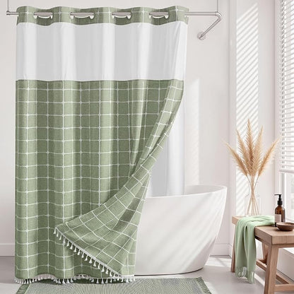 RiverDream Farmhouse No Hooks Shower Curtain with Snap-in Liner,Green,71x86 | Snap on Fabric Liner,Heavy Duty,Quick Dry,Mesh Top Window,With Bottom Magnets,Washable,with Tassels,Extra Long Size