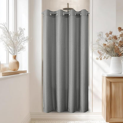 No Hook Waffle Shower Curtain, No Liner Needed Separate, 50x80 Inch, Grey | 100% waterproof TPU-laminated backing, magnetic weighted hem, machine washable, for bathroom, hotel, or shower stall use