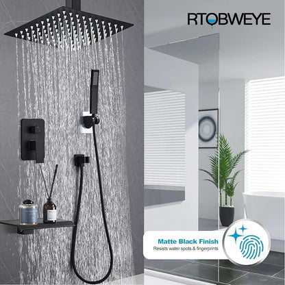 8 Inch Shower Faucet Set, Ceiling Mounted Rainfall Shower System with High Pressure Handheld Shower Head, Bathroom Mixer Shower Set Rough-in Valve and Trim Kit, Matte Black, with Tub Spout