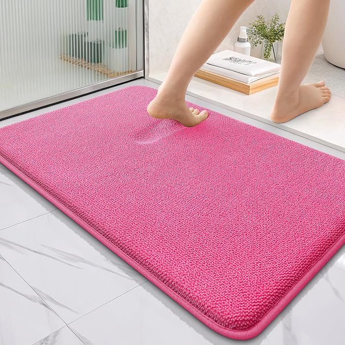 OLANLY Thick Memory Foam Bathroom Rugs 36x24, Absorbent Bath Mat, Hot Pink | Soft Quick Dry Bath Rugs, Non-Slip, Machine Washable Carpet for Bathroom Floor, Tub and Shower, Home Decor Accessories