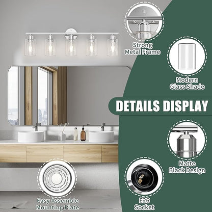 Espird Bathroom Vanity Light Fixtures Polished Chrome Bathroom Lighting Fixture, 5 Lights Bathroom Light Fixture Over Mirror, Modern Black Vanity Light, Wall Sconces with Glass Shades