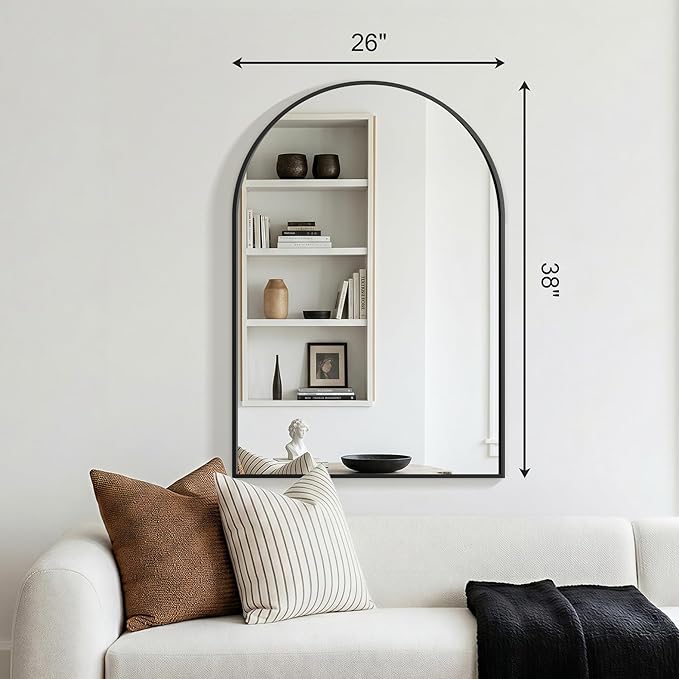 FGU Arched Bathroom Mirror for Over Sink 38"x26" Black Vanity Mirror | Wall Mounted, HD Tempered Shatter-Proof Glass, Rust-proof Arched Metal Frame, Arch Mirror for Bedroom, Living Room, Entryway